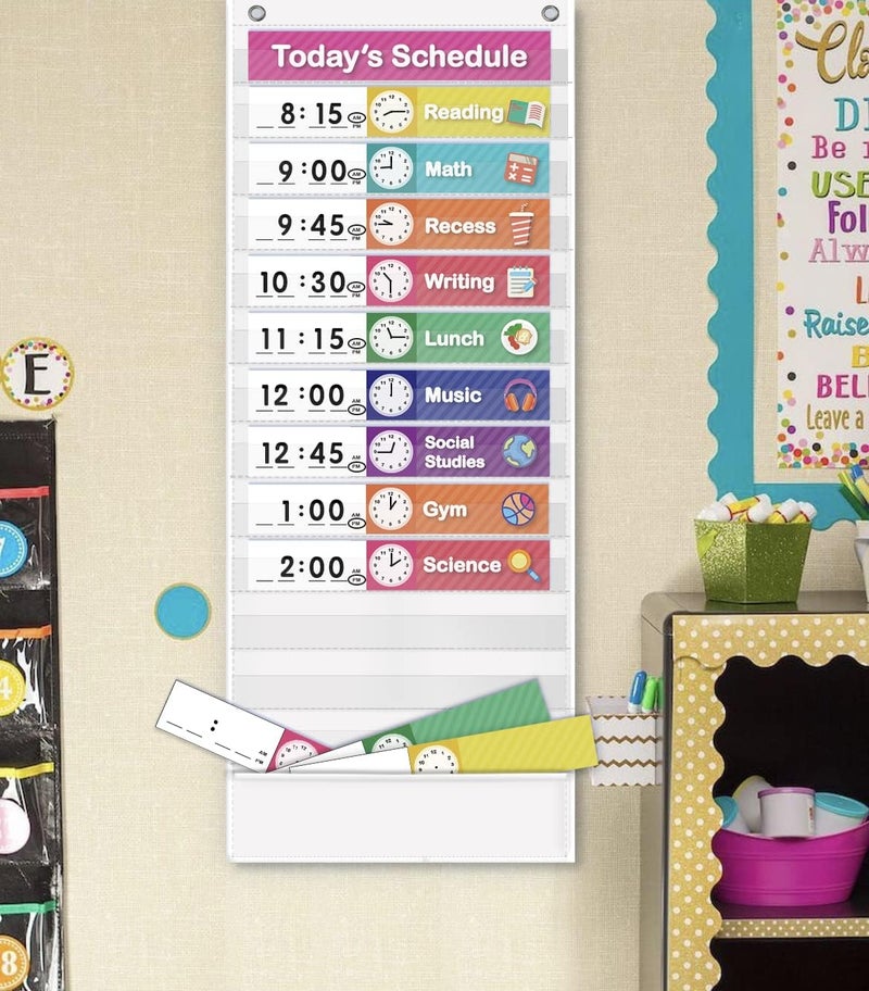 Eamay Daily Schedule Pocket Charts, Teaching Scheduling Pocket Chart, Hoom, Daily Scheduling Pocket Chart, Pocket Chart with 13+1 Pockets, 18pcs Dry Erase Cards and 2 Hooks (White) - Image 2